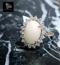 Load image into Gallery viewer, 3.11ct Oval Cut Fire Opal | 0.60cts [19] Round Brilliant Cut Diamonds | Designer Diana Style Ring | 18kt White Gold
