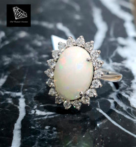 3.11ct Oval Cut Fire Opal | 0.60cts [19] Round Brilliant Cut Diamonds | Designer Diana Style Ring | 18kt White Gold