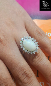 3.11ct Oval Cut Fire Opal | 0.60cts [19] Round Brilliant Cut Diamonds | Designer Diana Style Ring | 18kt White Gold