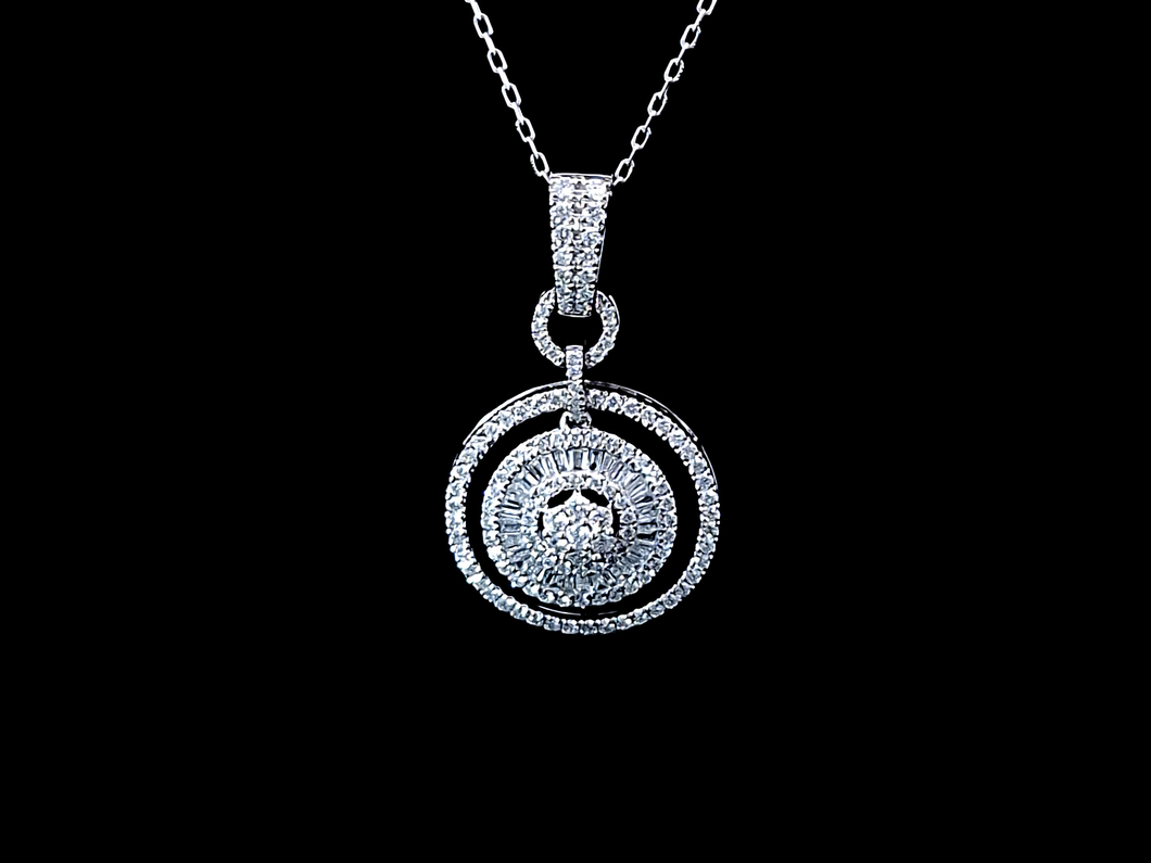 0.700cts Round Brilliant and Baguette Cut Diamonds | Designer Circle of Life Dangling Necklace | 18kt White Gold