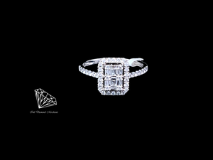 0.50cts [tw] Round Brilliant and Baguette Cut Diamonds | Designer Halo Ring | 18kt White Gold