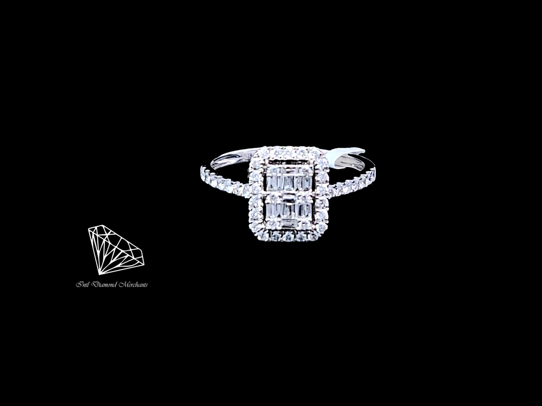 0.50cts [tw] Round Brilliant and Baguette Cut Diamonds | Designer Halo Ring | 18kt White Gold