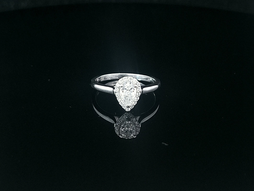 0.40ct Pear Cut Diamond | 0.14cts [17] Round Brilliant Cut Diamonds | Halo Design Ring | 18kt White Gold